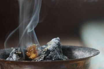 Myrrh spiritual meaning evoked by resin smoking on charcoal in a brass incense bowl